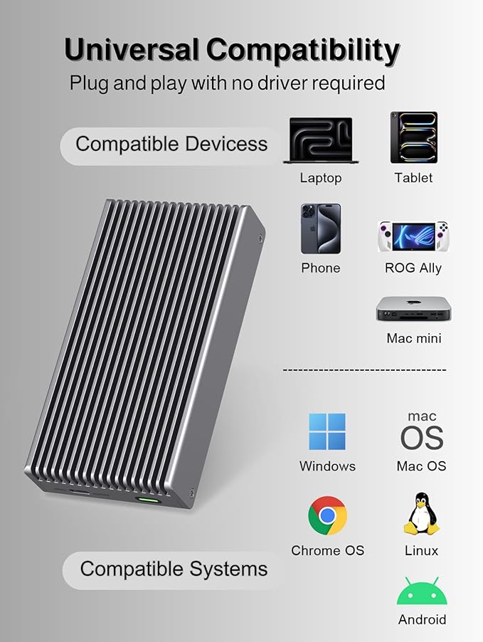 Noiseless 40Gbps M.2 NVMe Enclosure, USB C Aluminum External SSD Enclosure Compatible Thunderbolt4/3 8TB SSD Adapter, PCIe Gen4 M.2 SSD Reader Fits 2280/2260/2242/2230mm M B+M Key