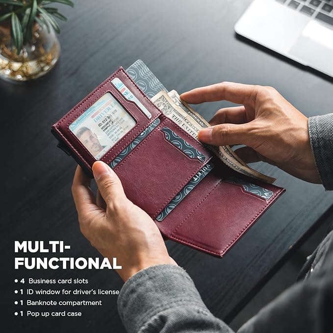 VULKIT Pop up Card Wallet Minimalist Cash Wallets RFID Blocking Leather Smart Credit Card Holder with ID window for Men (Wine)