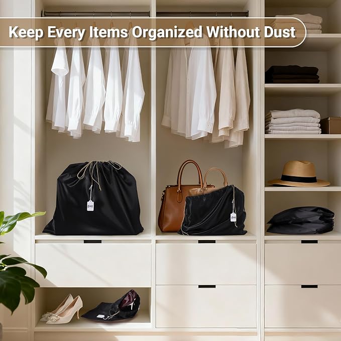 Ewen 7Pcs Dust Bags for Handbags, Silk Cloth Bag with Drawstring, 2Pack 11.8x15.7in Storage for Shoes, 2Pcs 19.6x15.7in Dust Bag, Pack of 3 23.6x19.6in Bags for Purse, Black Satin Travel Storage Pouch