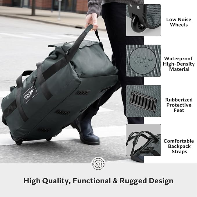 STOVER 80L Rolling Duffel Bag with Wheels, Extra Large 31 Inch Durable Travel Duffle Bag- Rugged, Collapsible, Rollable Design w/Shoulder Straps- Use as Luggage or Backpack for Men/Women (Grey)