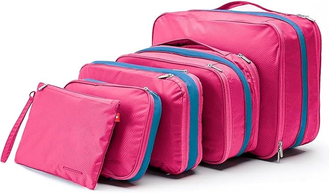 Bee Nesting BeeNesting Waterproof Compression Packing Cubes 5/6/8 sets, Large Travel Packing organizers for Carry on Luggage, 2 Sides Expandable Storage Bags (Pink, G5set)