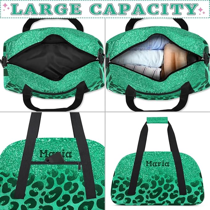 Personalized Kids Sports Duffel Bag with Name Custom Weekender Overnight Bag for Boys Girls Gym Bag Travel Dance Gymnastics Duffel Bag, Green Glitter Leopard Print