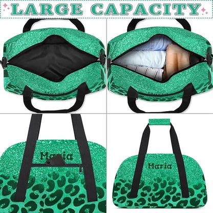 Personalized Kids Sports Duffel Bag with Name Custom Weekender Overnight Bag for Boys Girls Gym Bag Travel Dance Gymnastics Duffel Bag, Green Glitter Leopard Print