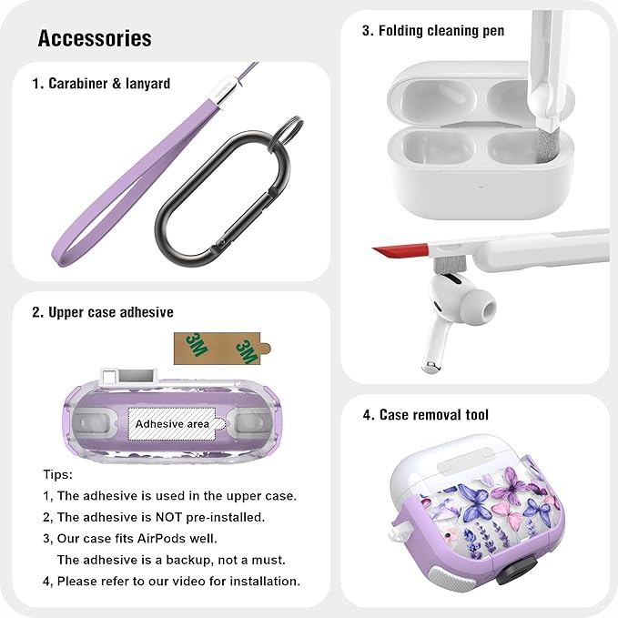 WENEW Case for AirPods 4th Case Cover Secure Lock Automatic Snap Switch Clip Cleaner Kit Lanyard Women Stylish Flower Armour Hard Shell Full Body Front LED Visible (Purple Butterfly, AirPods 4th)