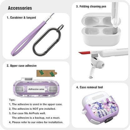 WENEW Case for AirPods 4th Case Cover Secure Lock Automatic Snap Switch Clip Cleaner Kit Lanyard Women Stylish Flower Armour Hard Shell Full Body Front LED Visible (Purple Butterfly, AirPods 4th)