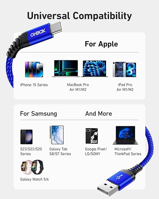 USB to USB C Cable 60W Fast Charging [2 Pack 10FT], USB A to USB C Cable, Durable Braided USB Type C iPhone Charger USBC Cord for iPhone 17/16/15/Pro Max/Plus, Samsung Galaxy S23 and More-Blue