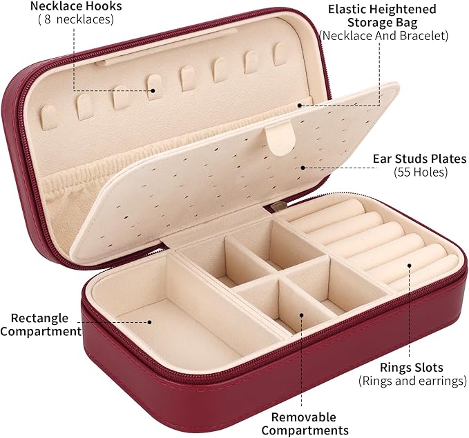 DesignSter Travel Jewelry Box, PU Leather Portable Jewelry Case, Small Jewelry Boxes for Gifts, Travel Jewelry Organizer for Women Rings Earrings Necklaces Bracelets (Wine Red)
