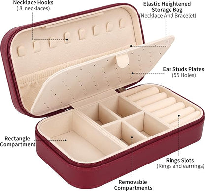 DesignSter Travel Jewelry Box, PU Leather Portable Jewelry Case, Small Jewelry Boxes for Gifts, Travel Jewelry Organizer for Women Rings Earrings Necklaces Bracelets (Wine Red)