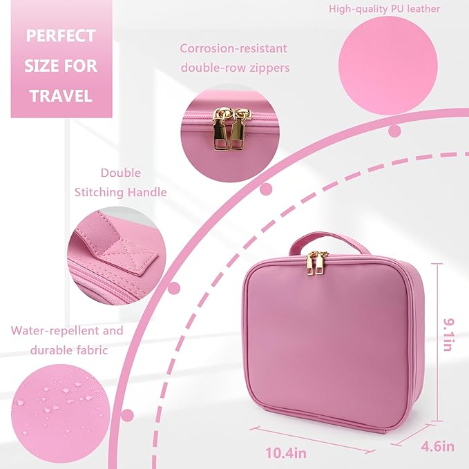 Travel Makeup Bag for Makeup Artists Large Makeup Case,with Mirror 3 Color Setting and Detachable 10x Magnifying Mirror Travel Makeup Bag,Portable Storage and Adjustable Dividers（Dark Pink）