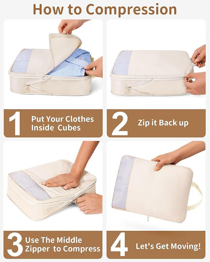 Compression Packing Cubes 11 Set, Suitcase Organizers, Luggage Organizer Bags for Storage, Extendable Packing Cubes for Travel Compression, Travel Essentials, Beige