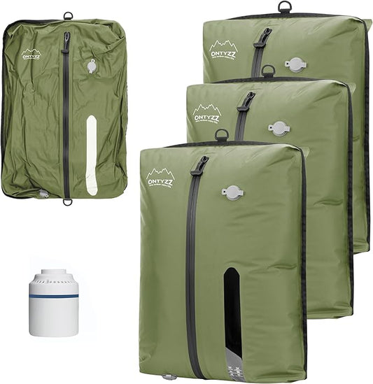 ONTYZZ Three Pack Green TPU Vacuum Bag for Travel Reusable Compression Bag with IPX8 Waterproof Zipper Durable Space Saver Bag，Large with Air pump