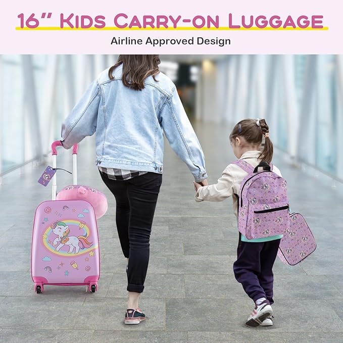 BABY JOY Kids Luggage, 5 Pieces Luggage Set w/ 16" Carry-on Hardshell Spinner Toddler Suitcase, 13" Backpack, Neck Pillow & Insulated Lunch Bag, Travel Kids Rolling Suitcase for Girls (Pink Pony)