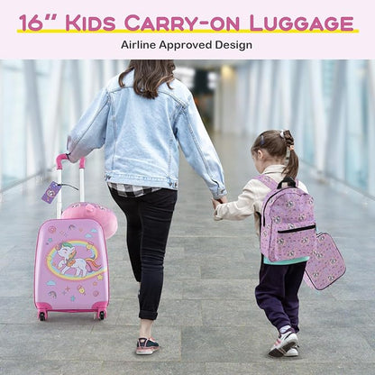 BABY JOY Kids Luggage, 5 Pieces Luggage Set w/ 16" Carry-on Hardshell Spinner Toddler Suitcase, 13" Backpack, Neck Pillow & Insulated Lunch Bag, Travel Kids Rolling Suitcase for Girls (Pink Pony)