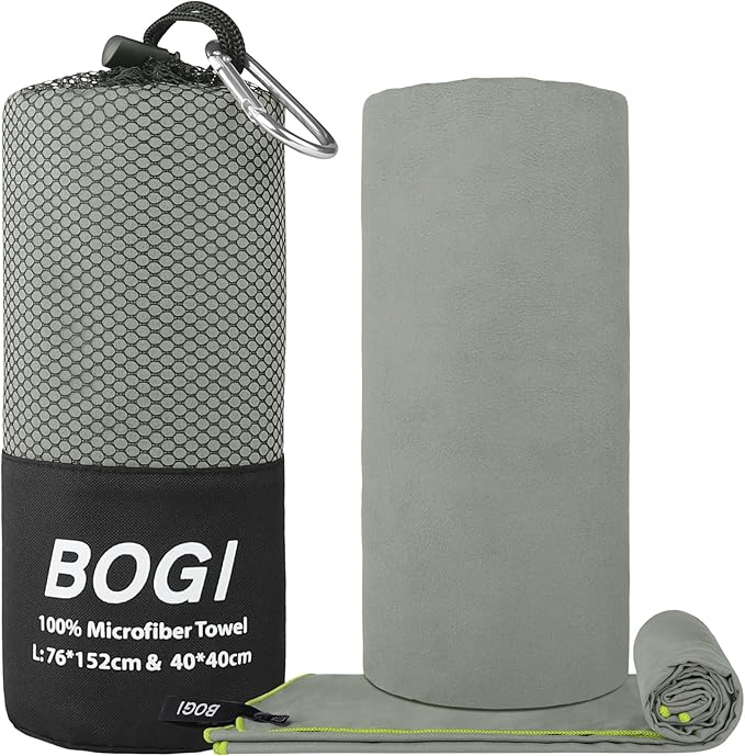 BOGI Microfiber Travel Sports Towel-Quick Dry, Soft Lightweight, Absorbent, Compact for Camping, Gym, Yoga, Swimming, Backpacking (L:60''x30''+16''x16'' - Grey)