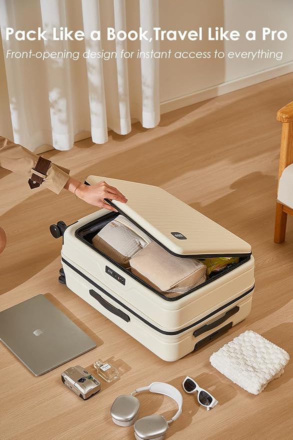 HotWay 24 Inch Expandable Front Opening Checked Luggage with Cup Phone Holder and USB Port, Lightweight Hardshell Suitcase with Wheels and TSA Aproved Locks