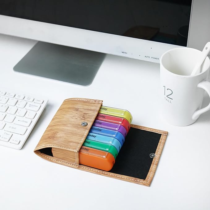 Pill Organizer,LIZIMANDU Weekly Travel Pill Case Box Medication Reminder Daily AM PM, Day Night 7 Compartments,for 4 Times A Day, 7 Days a Week-Includes Leather PU Carrying Case(1-Wood-Beige)