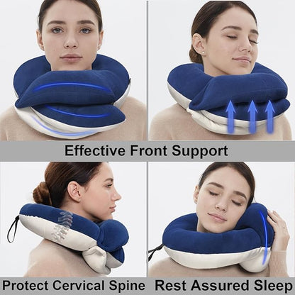 BUYUE Travel Neck Pillows for Airplanes, 360° Head Support Sleep for Long Flight, Skin-Friendly & Breathable, Kit with 3D Contoured Eye Mask, Earplugs and Storage Bag (Adult, Navy Blue, 90+ lbs)