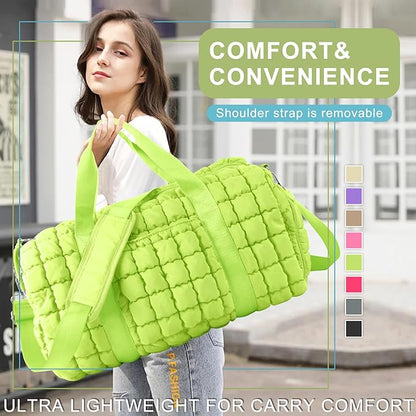 Quilted Travel Duffle Bag Gym Bag for Women,Large Puffer Duffle Weekender Bag with Compartment,Workout Overnight Carry on Organizer Bag Duffle Bag for Airplane Travel(L-Green)