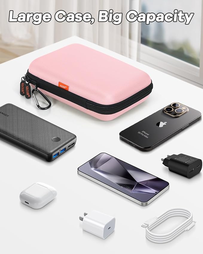 Gentle-Pink Hard Shell Carrying Case for External Hard Drive, Hard Disk, Power Bank, Charger, Cable, Tool, Electronic Accessories - Large Storage Pouch Portable Travel Bag Case for Women Girls Lady