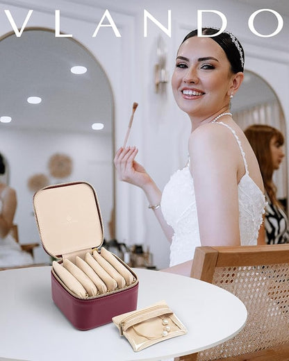 Vlando Small Jewelry Box Organizer,Travel Jewelry Storage with 6 Velvet Jewelry Zipper Pockets,Travel Jewelry Case Birthday Gifts for Women Girls(Red)