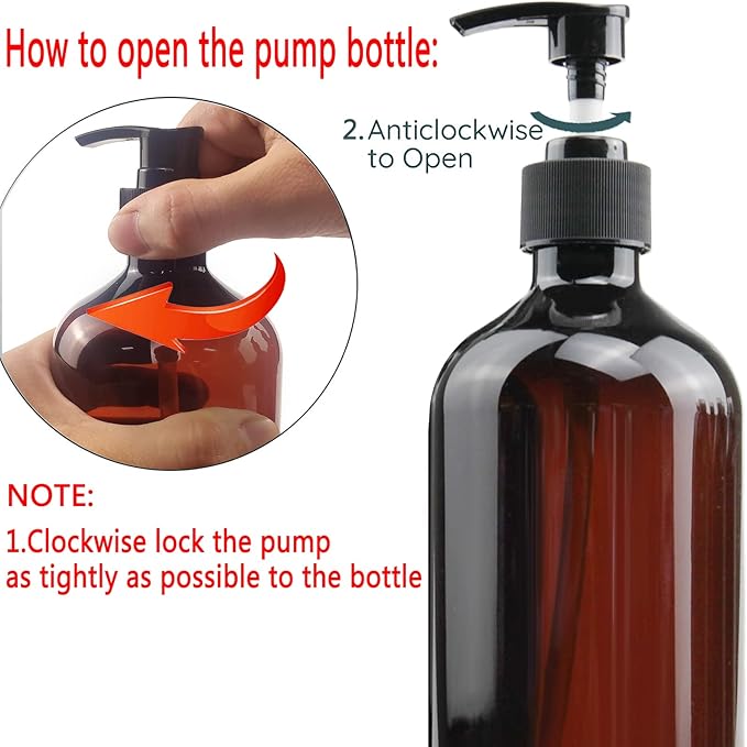 Empty Plastic Bottles with Pump Dispenser and Labels Included, Refillable Travel Containers for Hand sanitizer Shampoo Lotion, etc - No BPA/Parabenf, 500ml/16.9oz (Amber, 3 Pack)