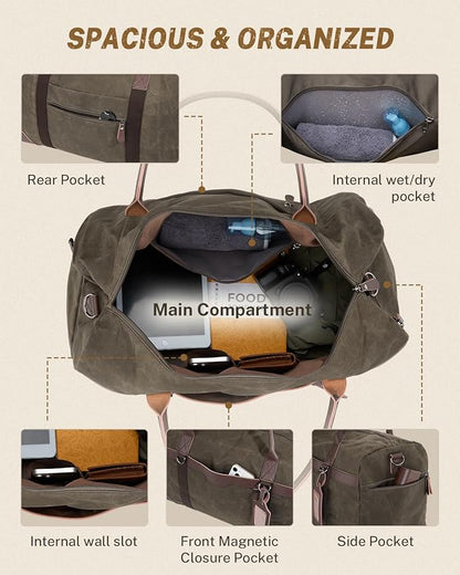 Gonex Waxed Canvas Duffle Bag for Travel, Water-resistant Vintage 55L Duffel Weekender with Shoes Compartment & Luggage Tag, Heavy-duty Overnight Bag with Suitcase Handle Sleeve for Men, Army Green