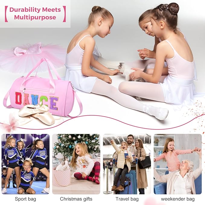 Dance Bag for Girls, KUIRAN 23L Travel Duffel Bag with Colorful Chenille Letter, Lightweight Small Gym Sport Ballet Weekender Bag with Large Main Compartment - Pink/Flower