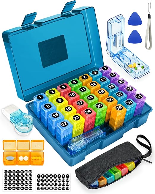Monthly Pill Organizer 3 Times a Day, FRIWOLE Medicine Box with Portable Weekly Pill Bag, Keychain Pill Case, Pill Cutter and 2 Sticker (Blue, 3 Times a Day)