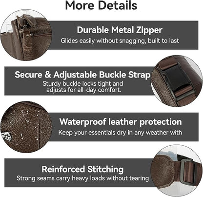 Genuine Leather Fanny Pack For Men and Women Multiple Pockets Waist Bag with Adjustable Strap for Outdoors Workout Traveling Casual Running Hiking Cycling Brown Belt Bag