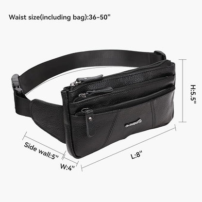 Leather Fanny Pack for Men Women,Genuine Leather Waist Belt Bag with Adjustable Strap Belt Hip Bag with Multi-Pockets for Travel Sports Running Cycling Hiking(Black)