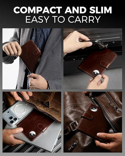 LORZOR Passport Holder for Travel: Full Grain Leather Passport Cover with Airtag Holder Magnetic Buckle for Men - RFID Blocking Bifold Wallet for Air Ticket Card Cash Coin (Brown)