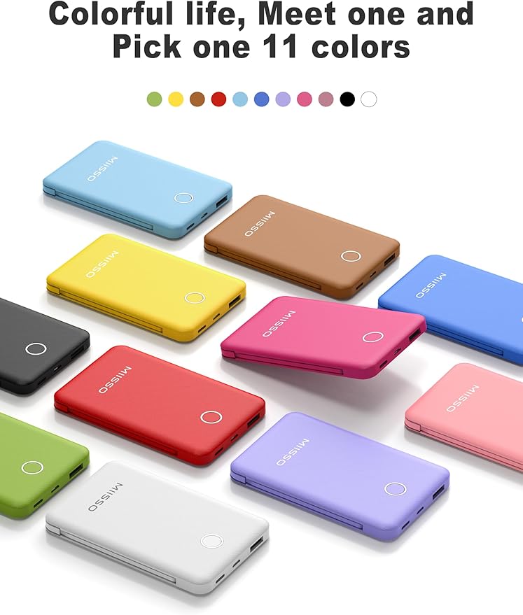 miisso 6000mah Ultra Slim Built in Cables Power Bank, Card Size Built in USB C Cords Battery Pack Portable Charger for Phones, 3 Output External Battery Pack Compatible with iPhone, Pink