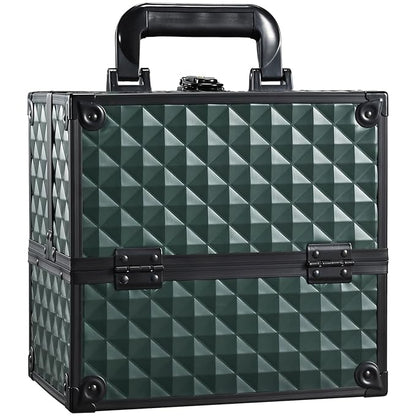 FRENESSA Makeup Case Makeup Box Cosmetic Train Cases Portable Make Up Artist Travel Case Storage Box 4 Trays with Dividers Lockable Hard Makeup Box Craft Nail Kits Case Drak Green