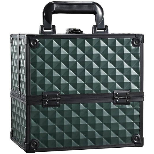 FRENESSA Makeup Case Makeup Box Cosmetic Train Cases Portable Make Up Artist Travel Case Storage Box 4 Trays with Dividers Lockable Hard Makeup Box Craft Nail Kits Case Drak Green