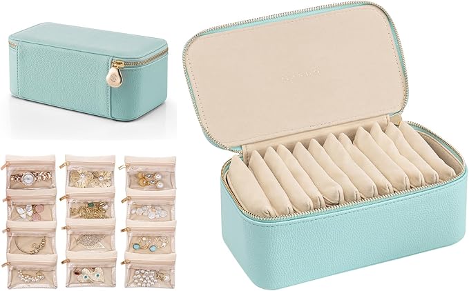 Vlando Travel Jewelry Box Organizer - 12 Small Velvet Zipped Pouches Pockets for Jewelries Necklaces Rings Earrings Sorting Storage, Aqua Blue
