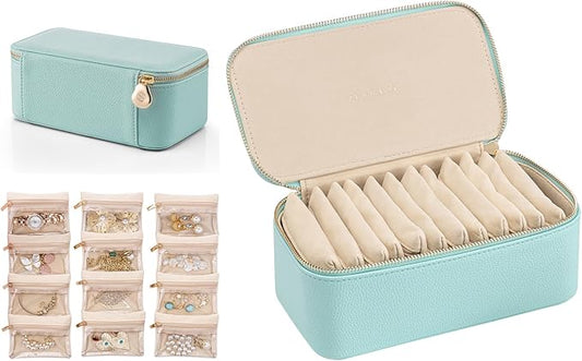 Vlando Travel Jewelry Box Organizer - 12 Small Velvet Zipped Pouches Pockets for Jewelries Necklaces Rings Earrings Sorting Storage, Aqua Blue