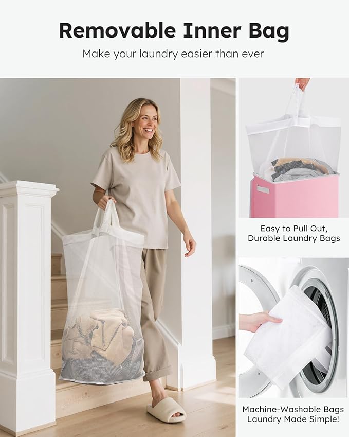 SOLEDI Laundry Hamper with Lid 100L Large & Tall Collapsible Laundry Basket, Clothes Hamper with Bag Removable Easy to Carry, Dirty Hampers for Bedroom, Bathroom, Dorm, College, Pink