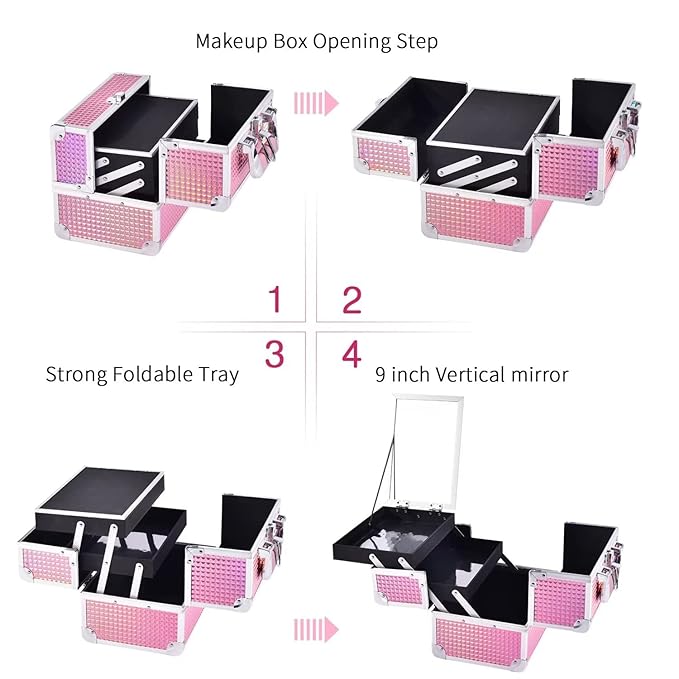 Joligrace Makeup Train Case Makeup Case Organizer Portable Cosmetic Box Storage with 2 Trays Mirror Locking Make Up Travel Case for Nail Kits Cosmetics Craft Traveling Makeup Box Mermaid Pink