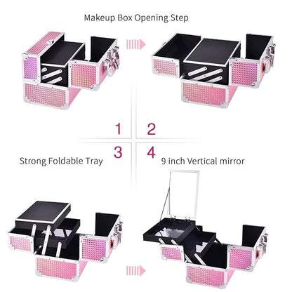 Joligrace Makeup Train Case Makeup Case Organizer Portable Cosmetic Box Storage with 2 Trays Mirror Locking Make Up Travel Case for Nail Kits Cosmetics Craft Traveling Makeup Box Mermaid Pink