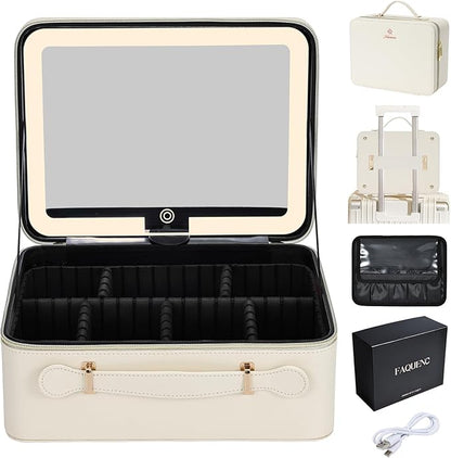 Leather Makeup Case with LED Lighted Mirror 11.4 Inch Travel Makeup Bag Adjustable Brightness in 3 Colors Cosmetic Organizer Artist Storage Bag with Dividers Brush Holder Bag Vanity White