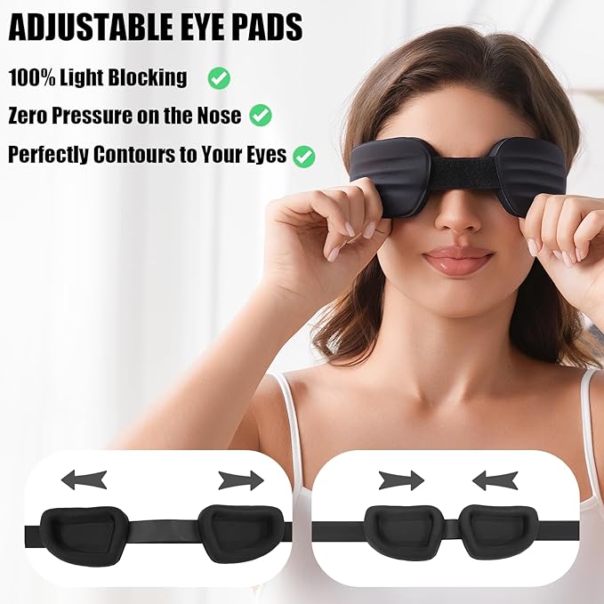 100% Blackout Sleep Eye Mask for Women Men, Zero Pressure Sleeping Mask - Sleeping Mask and Eyelash Friendly Night Blindfold, Adjustable Ultra Soft Comfortable for Dry Eye Mask (Black)
