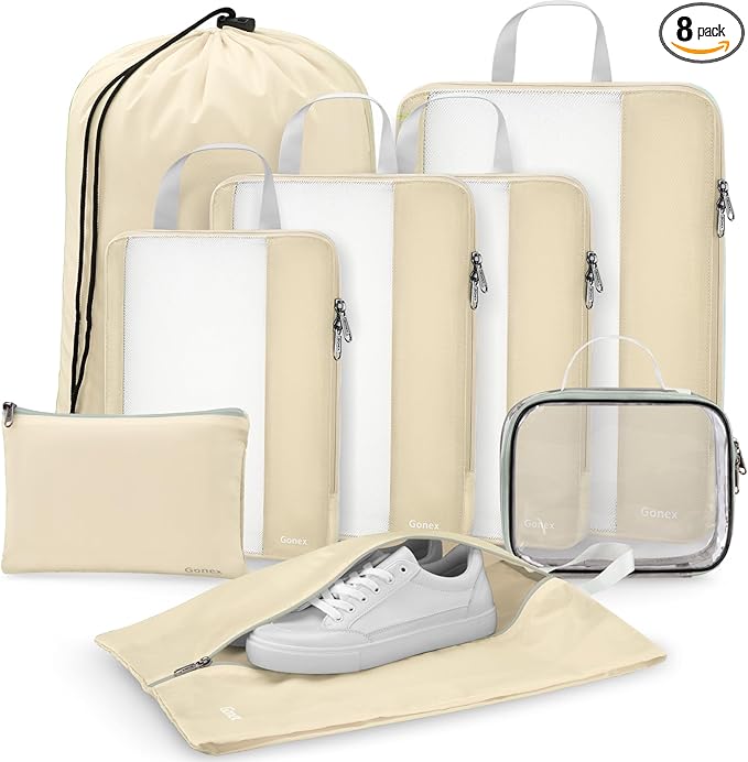 Gonex 8 Set Expandable Mesh Packing Cubes for Travel Essentials, Compression Organizer with Toiletry, Laundry, Shoe, Cable Bags - Beige