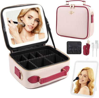 Travel Makeup Bag with Light Up Mirror, Portable Makeup Bag with Led Light Women Waterproof Makeup Travel Case adjustable dividers Rechargeable Vanity Mirror with 3 Color Lights (Pink)