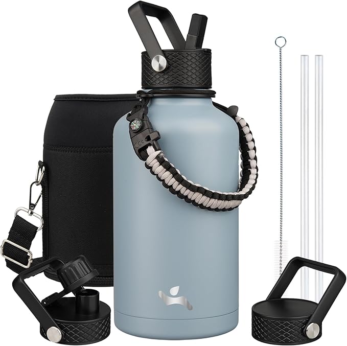 Half Gallon Insulated Water Bottle with Straw,64 oz 3 Lids Water Jug with Carrying Bag,Paracord Handle,Double Wall Vacuum Stainless Steel Metal Flask,Storm Blue
