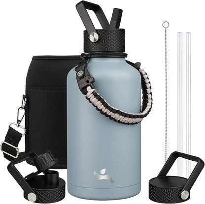 Half Gallon Insulated Water Bottle with Straw,64 oz 3 Lids Water Jug with Carrying Bag,Paracord Handle,Double Wall Vacuum Stainless Steel Metal Flask,Storm Blue