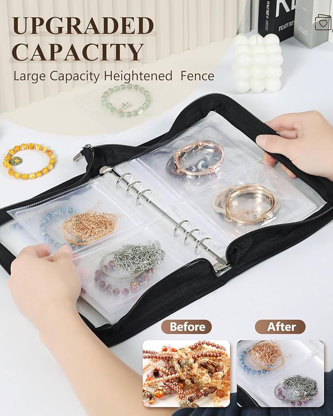 AOLEIXIYA Jewelry Organizer Book Clear Travel earring book organizer Transparent Jewelry Book with Zipper Pouch Bags (Black,With 48 PCS Large Jewelry Bags)