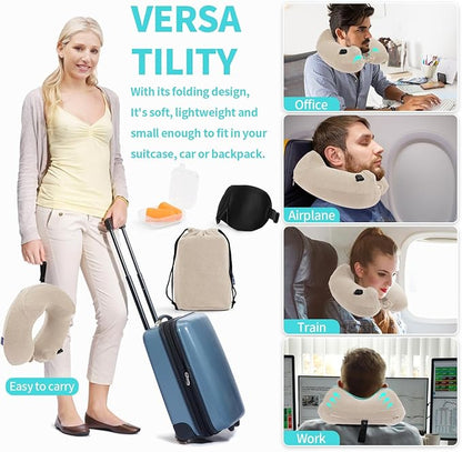 2 Pack Inflatable Travel Neck Pillows for Airplanes, Head Support Velvet Adult Neck Pillows for Long Flight, Kit with Eye Mask, Earplugs and Storage Bag, 2, Beige