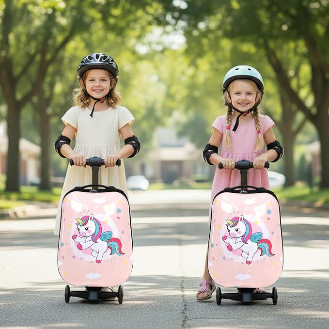 smilesun 4-in-1 Detachable Scooter Suitcase for Kids & Teenagers, Lightweight Hardside Ride-On Suitcase, Foldable Design, Perfect Travel Gift for Girls(Pink Cute Pony 22-inch)