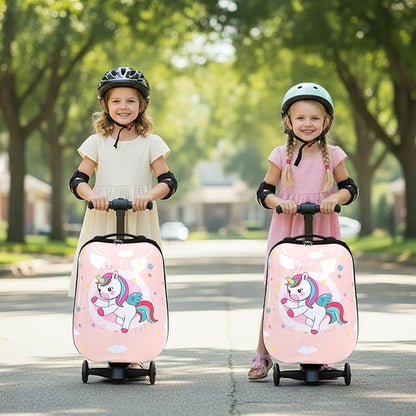 smilesun 4-in-1 Detachable Scooter Suitcase for Kids & Teenagers, Lightweight Hardside Ride-On Suitcase, Foldable Design, Perfect Travel Gift for Girls(Pink Cute Pony 22-inch)