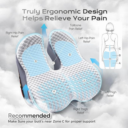 Seat Cushion for Tailbone Pain Relief X-Large,Ergonomic Office Chair Cushions for Butt Hip Lower Back & Sciatica Pain Relief Pillow,Pressure Relief Seat Cushion for Long Sitting, Car & Plane (Grey)